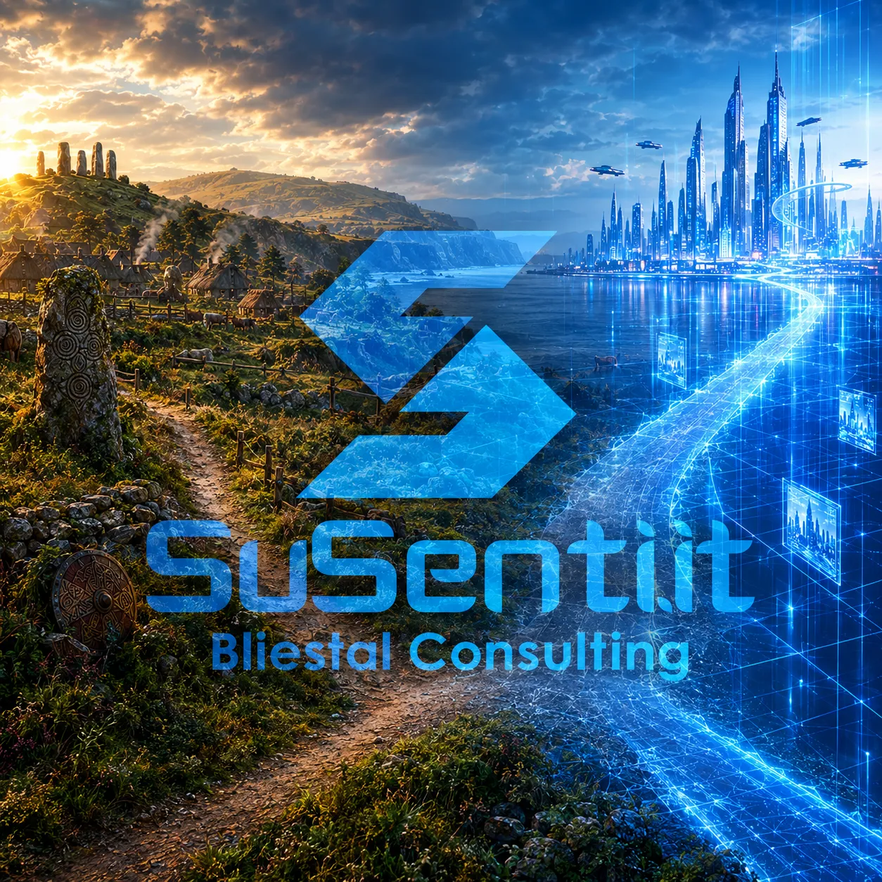 SuSenti.it – Bliestal Consulting: ein keltisches Dorf am Wasser, daneben eine leuchtende Stadt der Zukunft