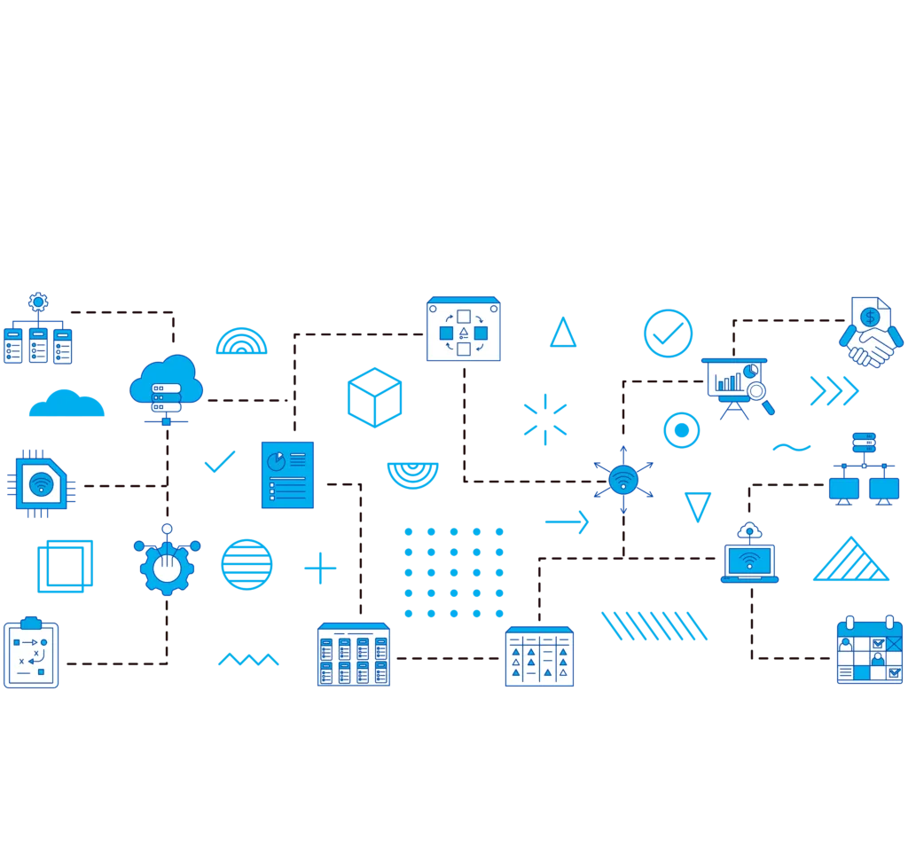 Schematisches Diagramm einer IT-Infastruktur mit verschiedenen Symbolen für Server, Cloud-Dienste und Verbindungslinien.