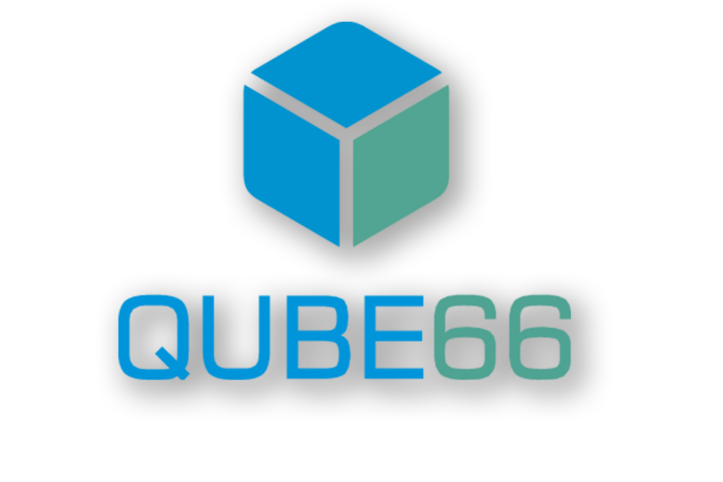 QUBE66 Logo mit blau-grüner Würfel-Grafik