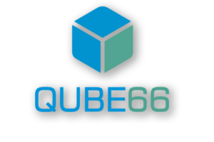 QUBE66 Logo mit blau-grüner Würfel-Grafik