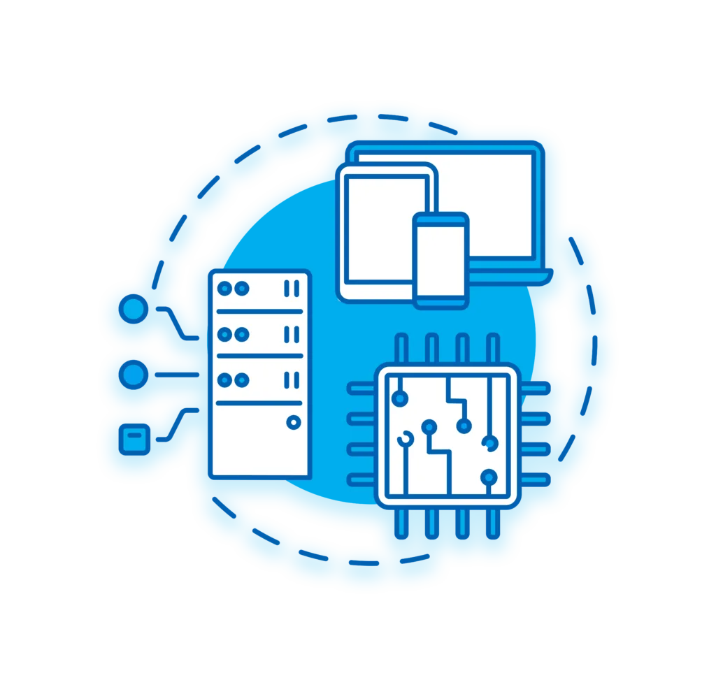 Abstraktes Symbol für IT-Infrastruktur und Datenverarbeitung mit Gehirn- und Computersymbolen.